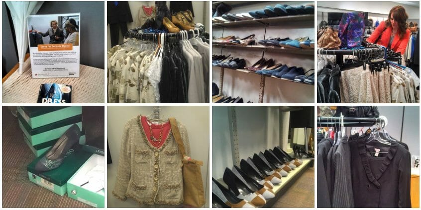 Clothing and shoe racks filled with various styles, alongside a woman browsing through garments.