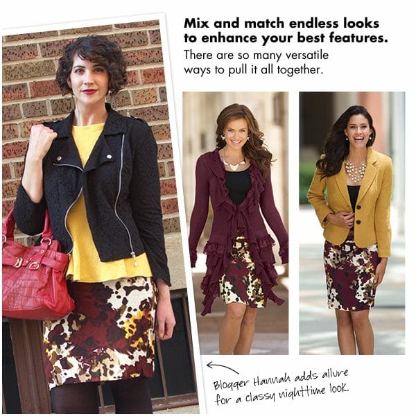Three women showcase stylish outfits featuring floral skirts, layered tops, and jackets, highlighting versatile fashion options.