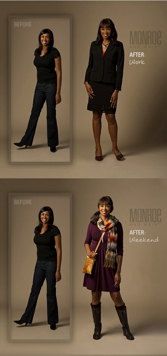 Transformation showcasing a woman in casual attire before, and stylish work and weekend outfits after.