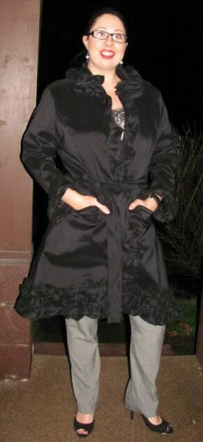 BresBaubles reviewing Monroe and Main Ruffle Trench Coat.
