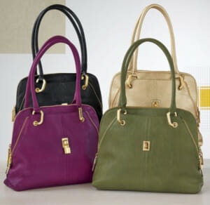 Four stylish handbags in black, purple, green, and beige, displayed against a light background.