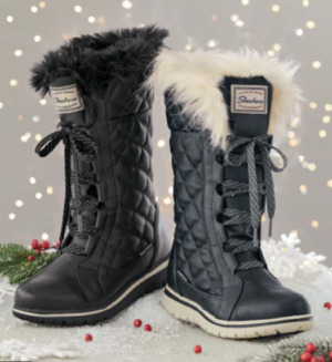 Brown or gray, tall, quilted, front lace up boots with faux-fur collar