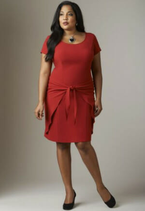 hemlines at the knee Woman in red dress with faux wrap at waist