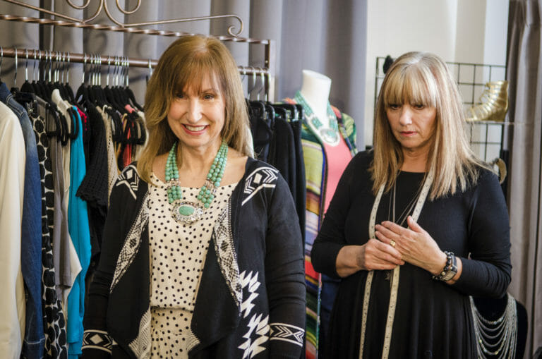 Gail trying on various outfits with Sue discussing the flattering fit!