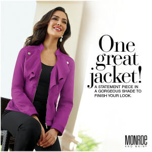 Woman in fuschia jacket over black jumpsuit