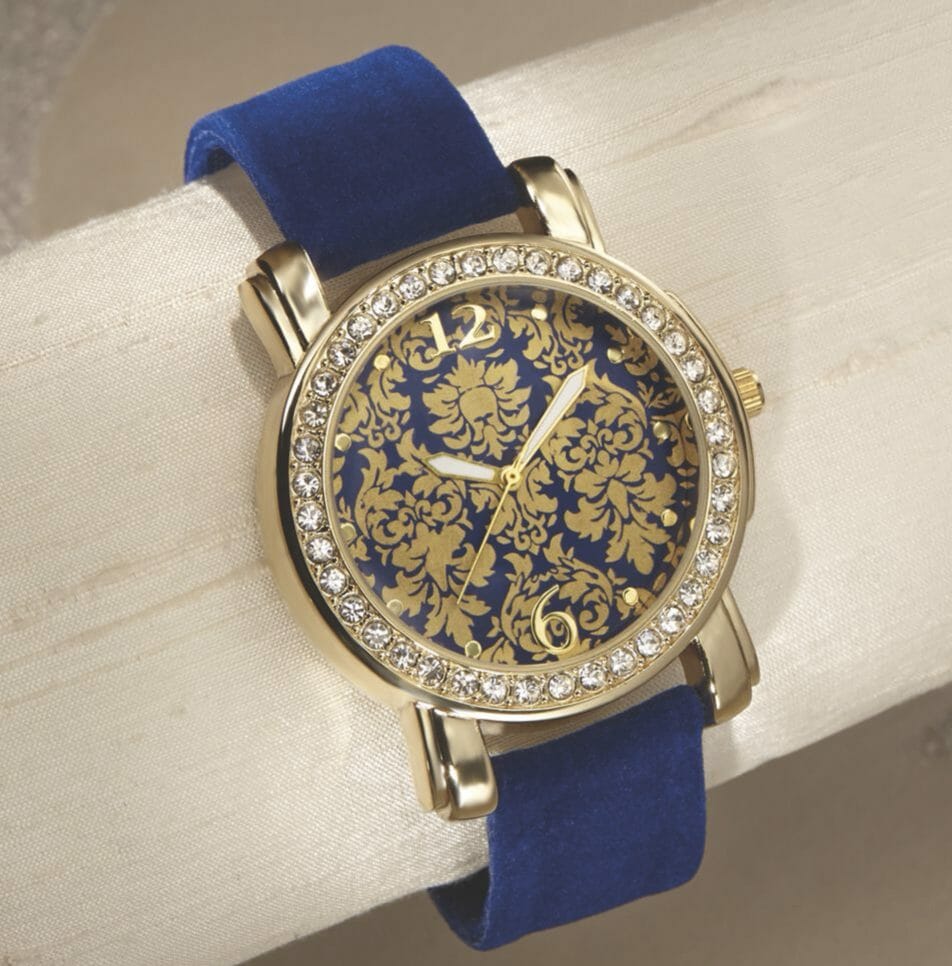 Crystal-Studded Velvet Blue Strap Watch