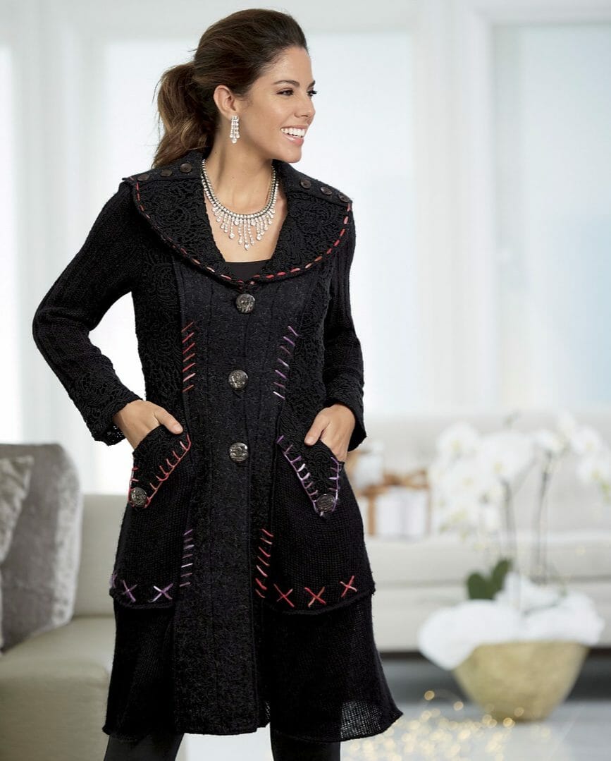 Woman in Button and Lace Trim Black Sweater Coat