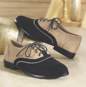 Rhinestone studded upper on a brown and black oxford