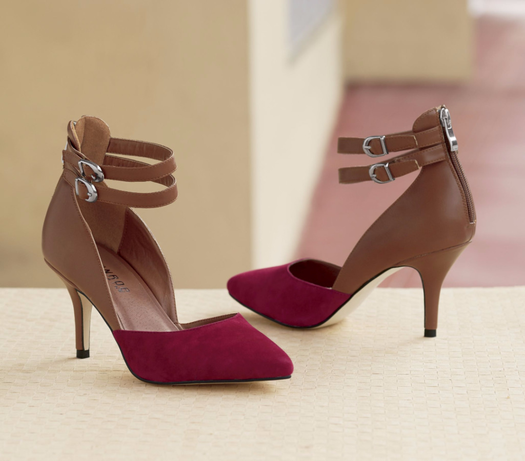 Brown and red-tipped buckle shoe with zipper back