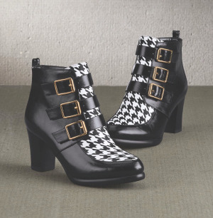 houndstooth printed booties with 3 buckles at side