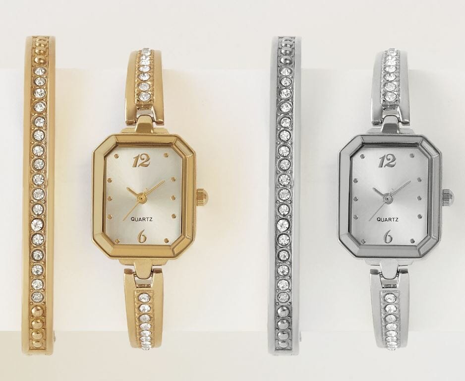 Crystal-hinged bangle watch in silver or gold