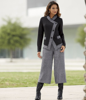 Woman wearing tweed gauchos and jacket