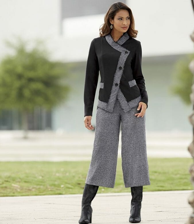 Woman wearing tweed gauchos and jacket