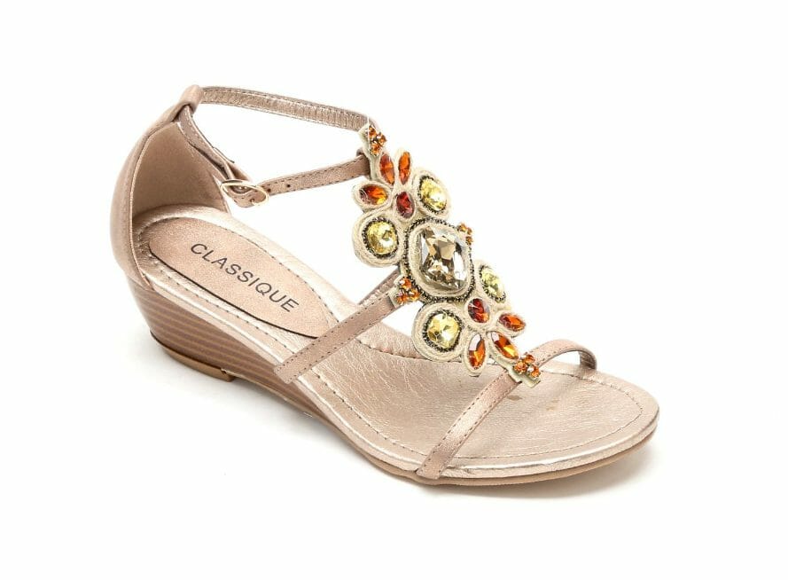 Bronze, rope-trim-stone wedge sandal