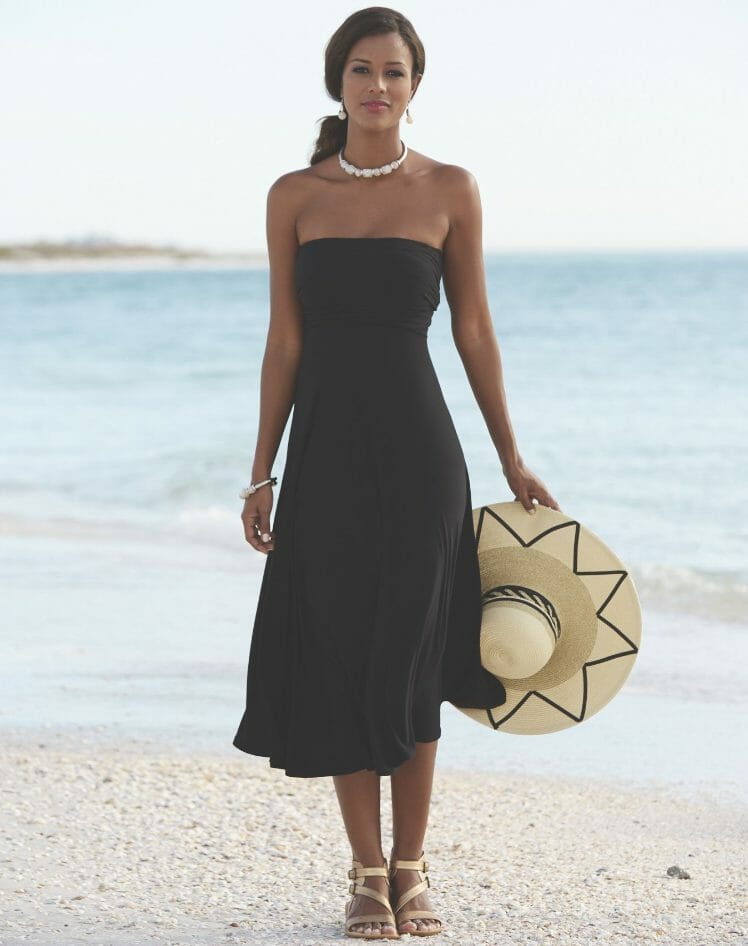 Here's an incredible style value: many looks for the price of one! Wear it as short sleeves, cap sleeves or sleeveless; halter-style, twisted straps or strapless; a dress belted at side or back, or just a skirt belted at the side. 37" long from top of bodice. Rayon/spandex; machine wash. Imported. Available only in Black.