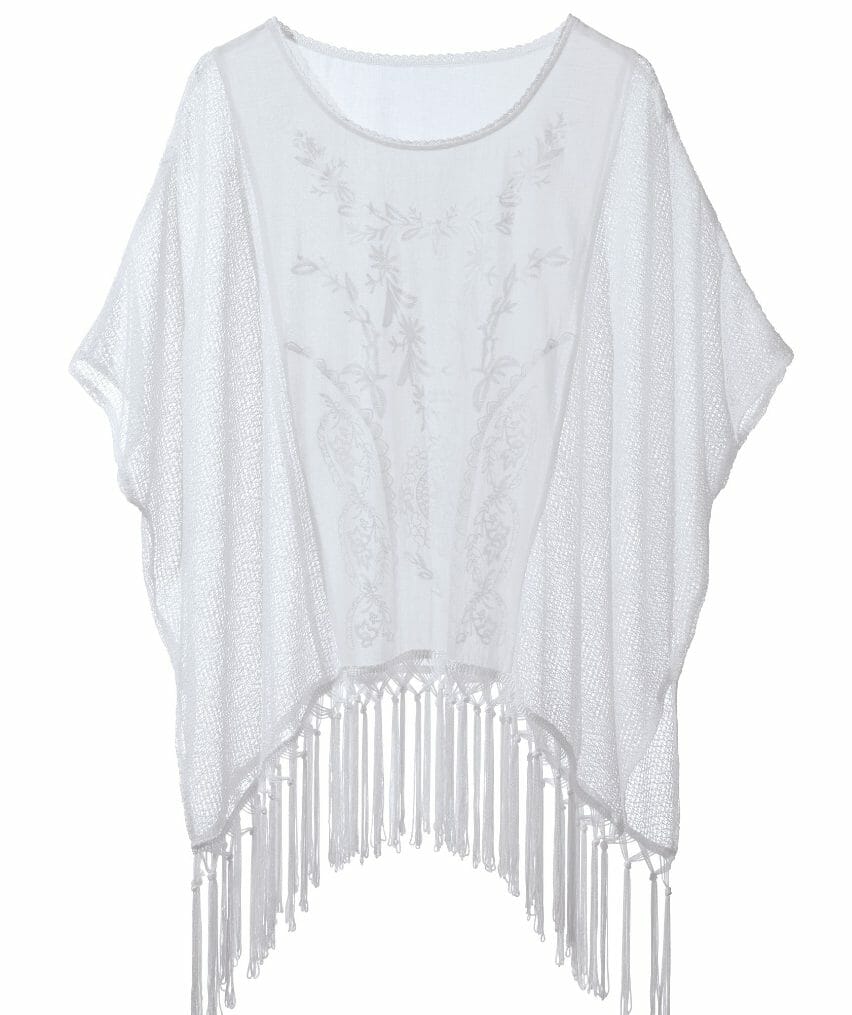 White, fringed poncho with embroidered front panel