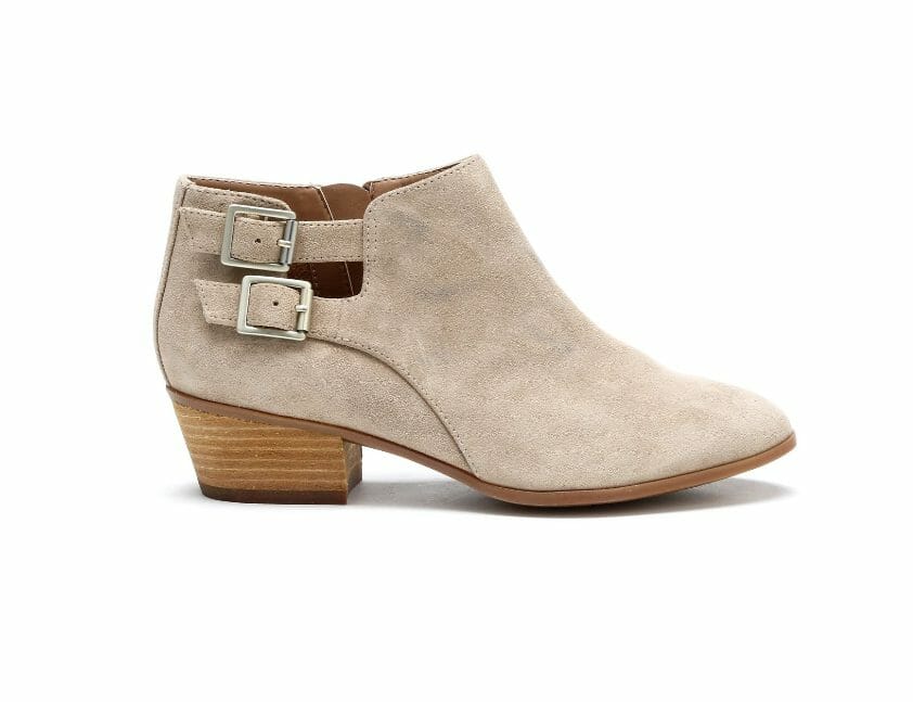 Tan bootie with adjustable buckles and inside zip