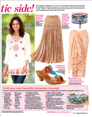 Bohemian fashion spread featuring a model in a flowy embroidered top, layered skirts, and colorful accessories.