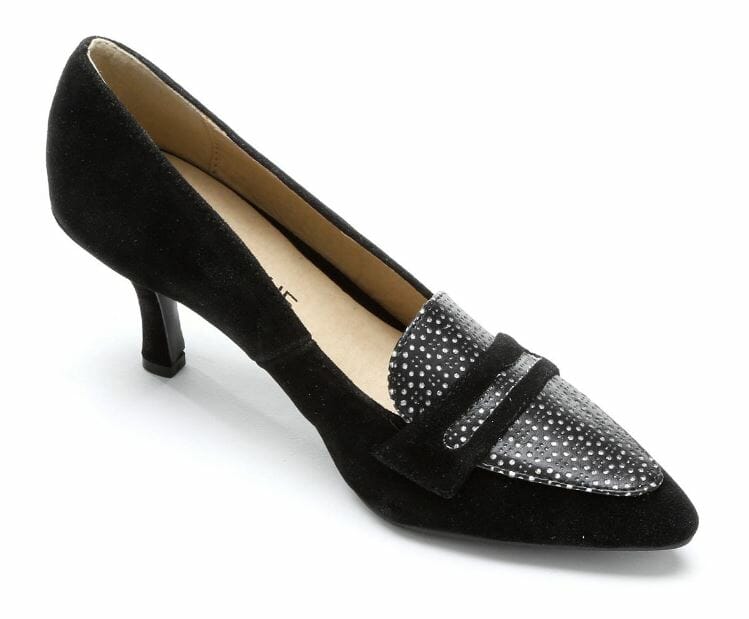 Black velvet heel with black and white cutout upper