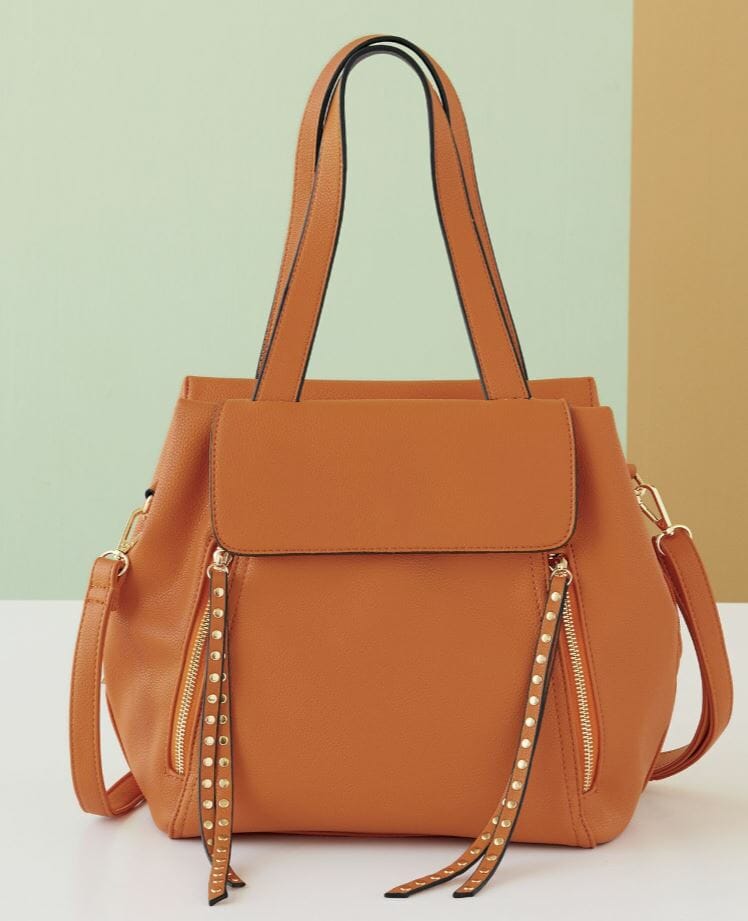 Rust colored handbag with 2 outside zip pockets
