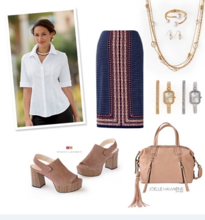 White shirt, multi colored skirt and accessories needed for spring