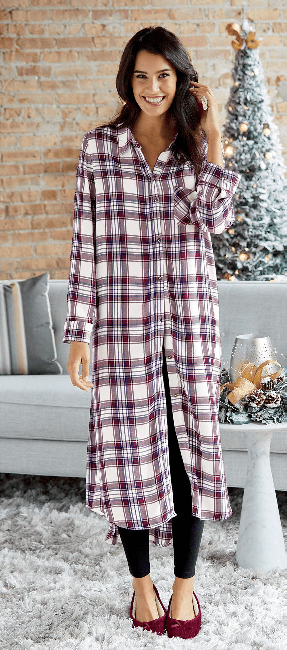 woman in red slippers, black leggings and long, plaid night shirt