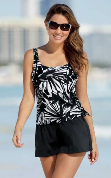 Faux-Skirtini with tropical black and white patterned top and dark skirt bottom with touch of shimmer and side tie