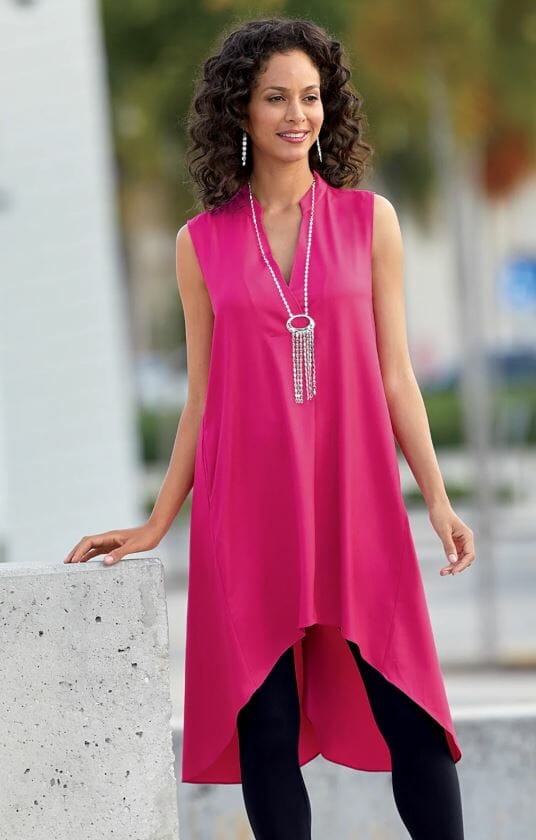 Fuchsia colored tunic with mandarin collar and high-low hem with side seam pockets