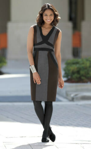  Try a dress in vertical stripes with one horizontal stripe at the waist, it will make you appear slimmer. 
