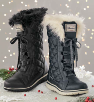 Brown or gray, tall, quilted, front lace up boots with faux-fur collar
