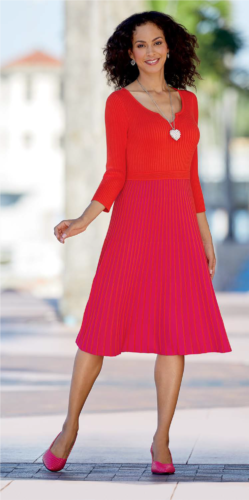 Sweater dress with ribbed-knit, pleated bodice with red top and pink and red stripe skirt