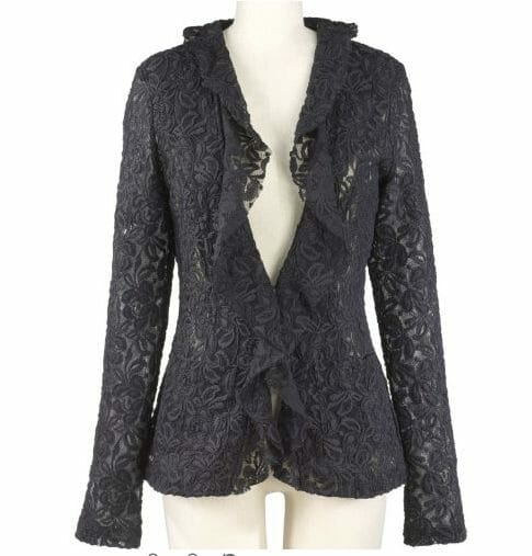 An elegant jacket with faux fur, sheer lace, pretty beading and brightly colored heels will make you look ready for any evening soiree. 