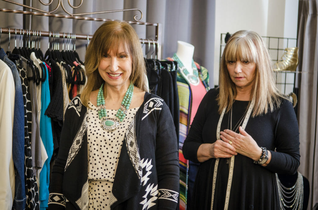 Gail trying on various outfits with Sue discussing the flattering fit!