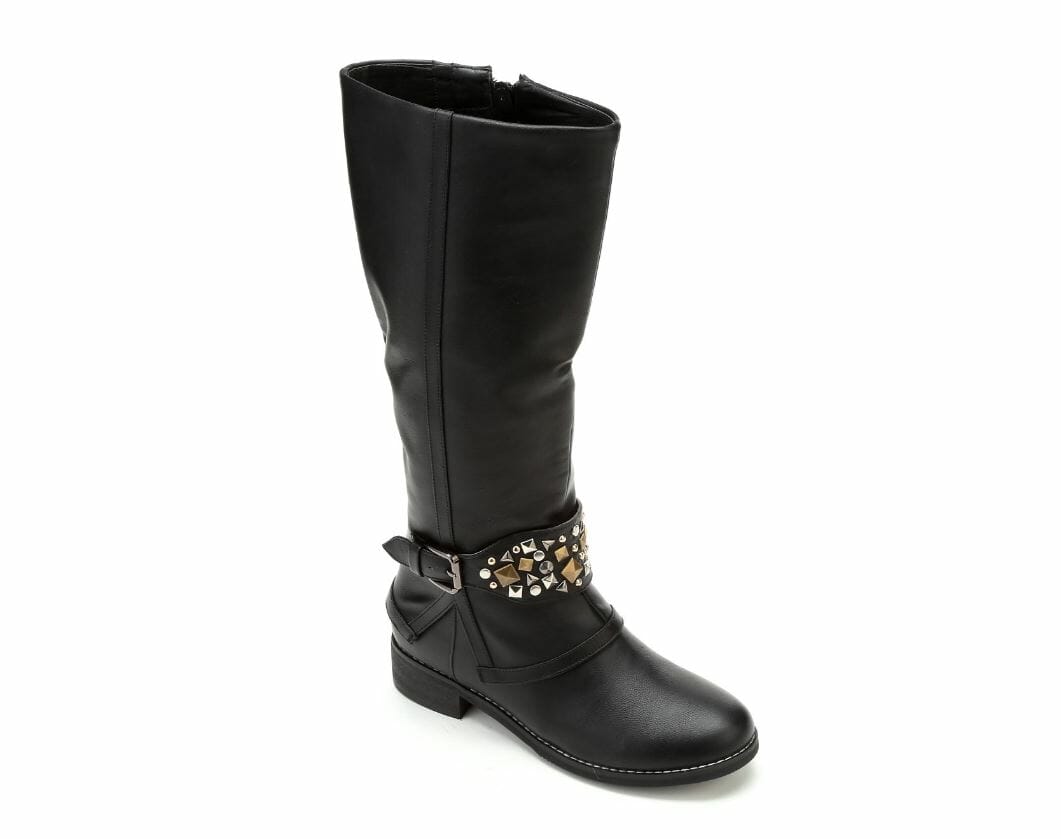 tall, black boot with gold and silver embellishments on upper