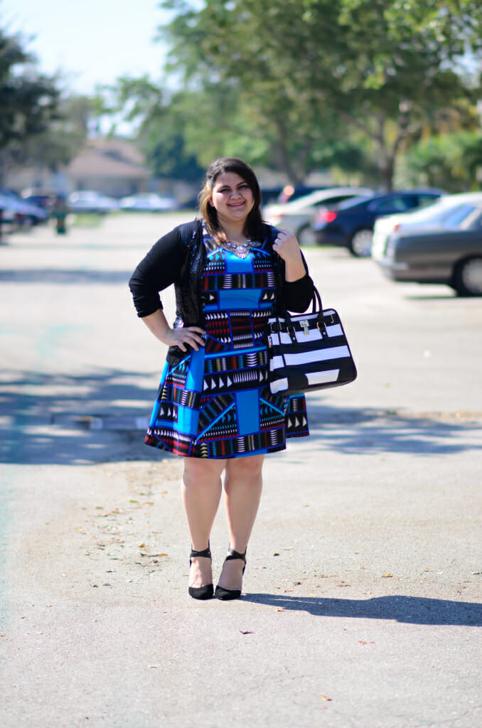 Monroe-and-Main-Spring-Fashion-Scuba-Dress-and-Black-and-White-Striped-Bag-on-Kirstin-Marie-MMSpring