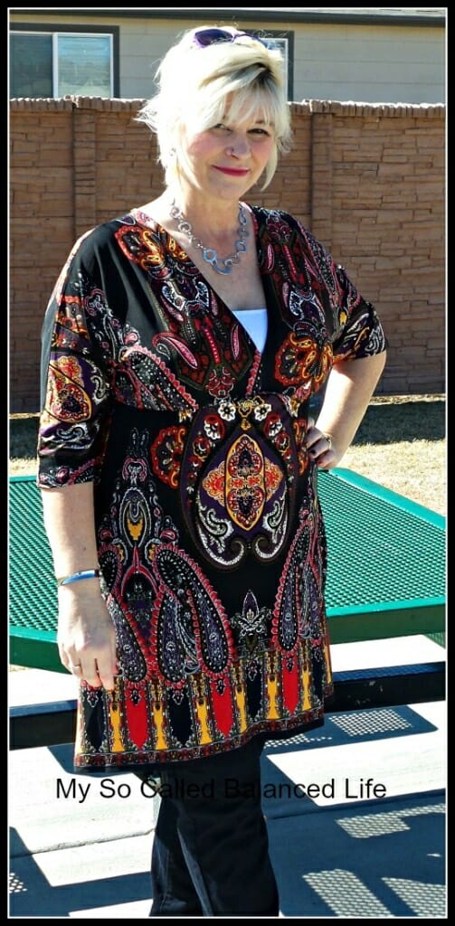 I love the deep rich colors of the tunic, and the hip length is perfect to cover all of my problem areas. 