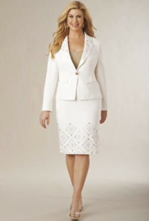 Woman in white 2-piece skirt suit over beige tank top