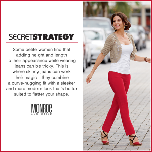 Woman in beige shrug over white tank top, red skinny jeans and red and black wedges