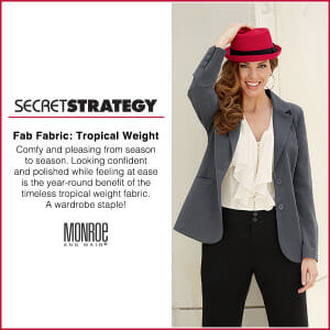 woman red hat, gray blazer over white blouse and black pants