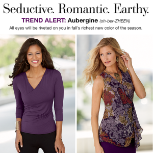 2 women wearing different aubergine outfits