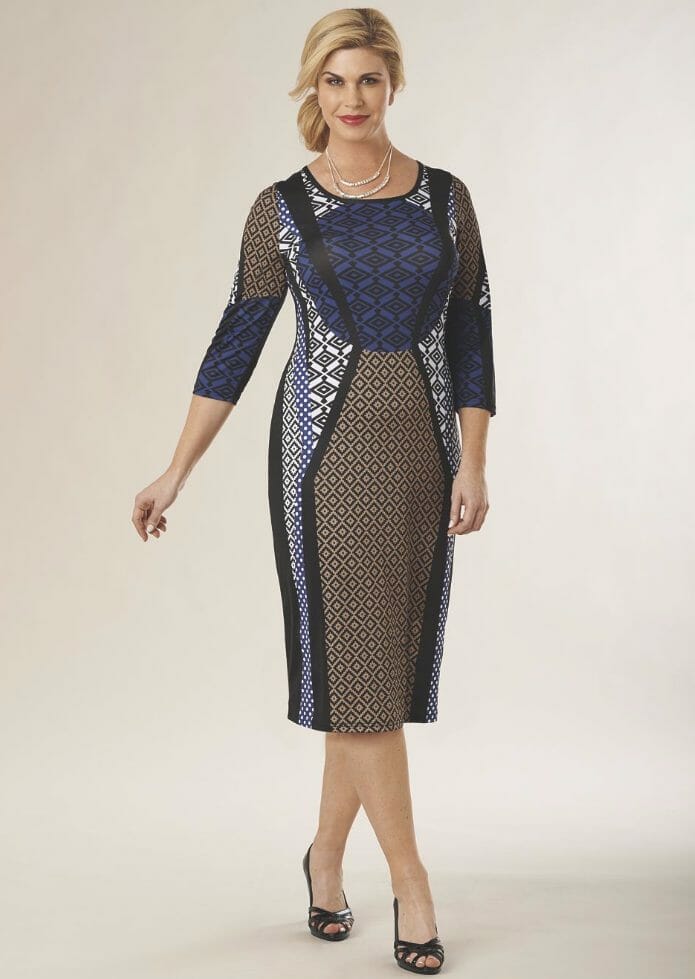 woman wearing a geometric printed dress