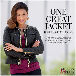 Woman in black chain link jacket over burgundy top and black pants