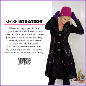 Woman in Button and Lace Trim Black Sweater Coat, purple mittens and pink hat