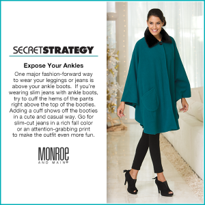 Woman in black peep-toe booties, black crop pants and teal cape coat with fur collar