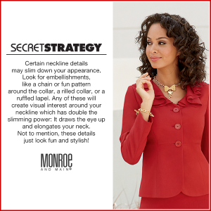 Woman in red 2-piece skirt suit