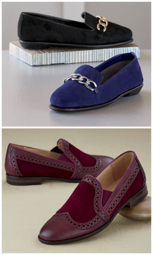 burgundy loafers and blue and black flats