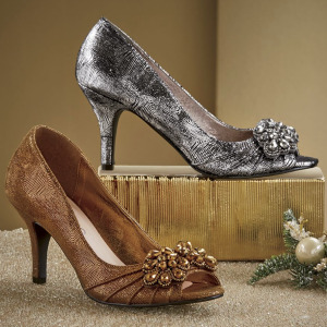 Metallic peep-toe pump with bejeweled bows in copper or silver