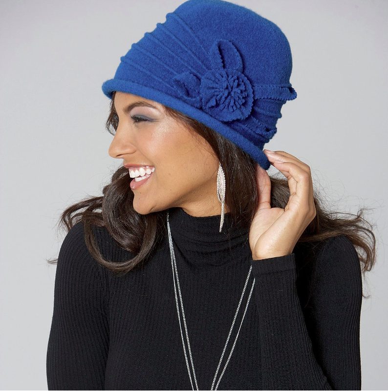 woman in a blue wool winter hat
