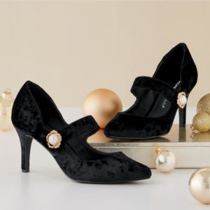 Black velvet 3 inch pump with faux-pearl and rhinestone accents with hook and loop adjustable strap