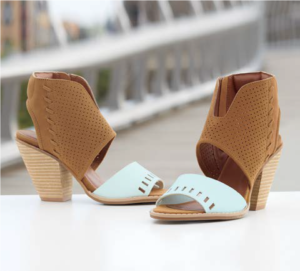 Block heel shootie with light blue toe strap and brown mesh suede backing